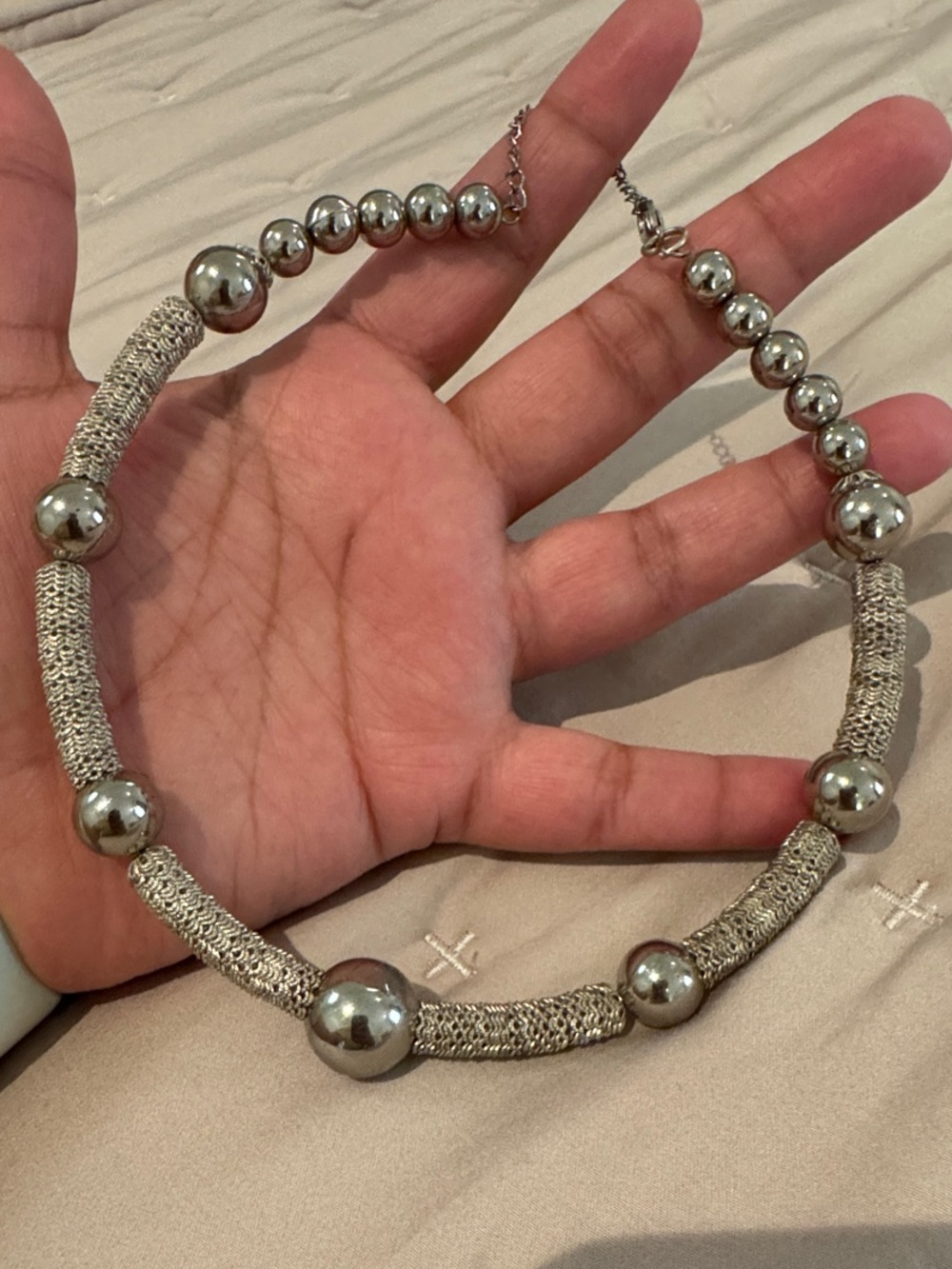 Sterling Silver-Tone Beaded Mesh Necklace - Silver